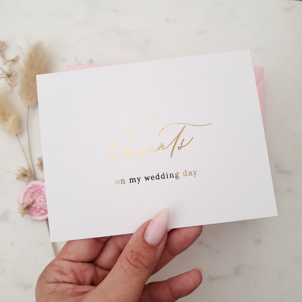To my Parents on my Wedding Day Gold Calligraphy Cards - XOXOKristen