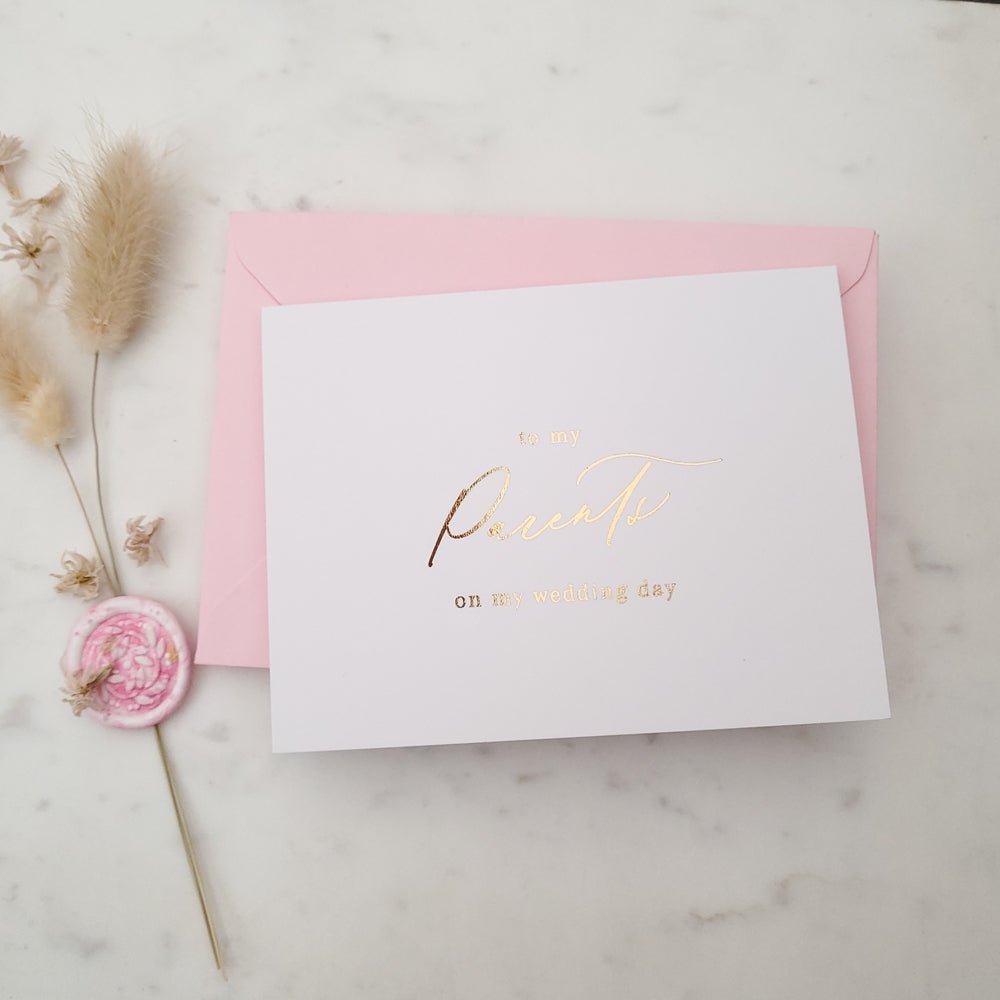 To my Parents on my Wedding Day Gold Calligraphy Cards - XOXOKristen