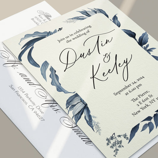 Wedding Invitations with Dark Blue Leaves - XOXOKristen