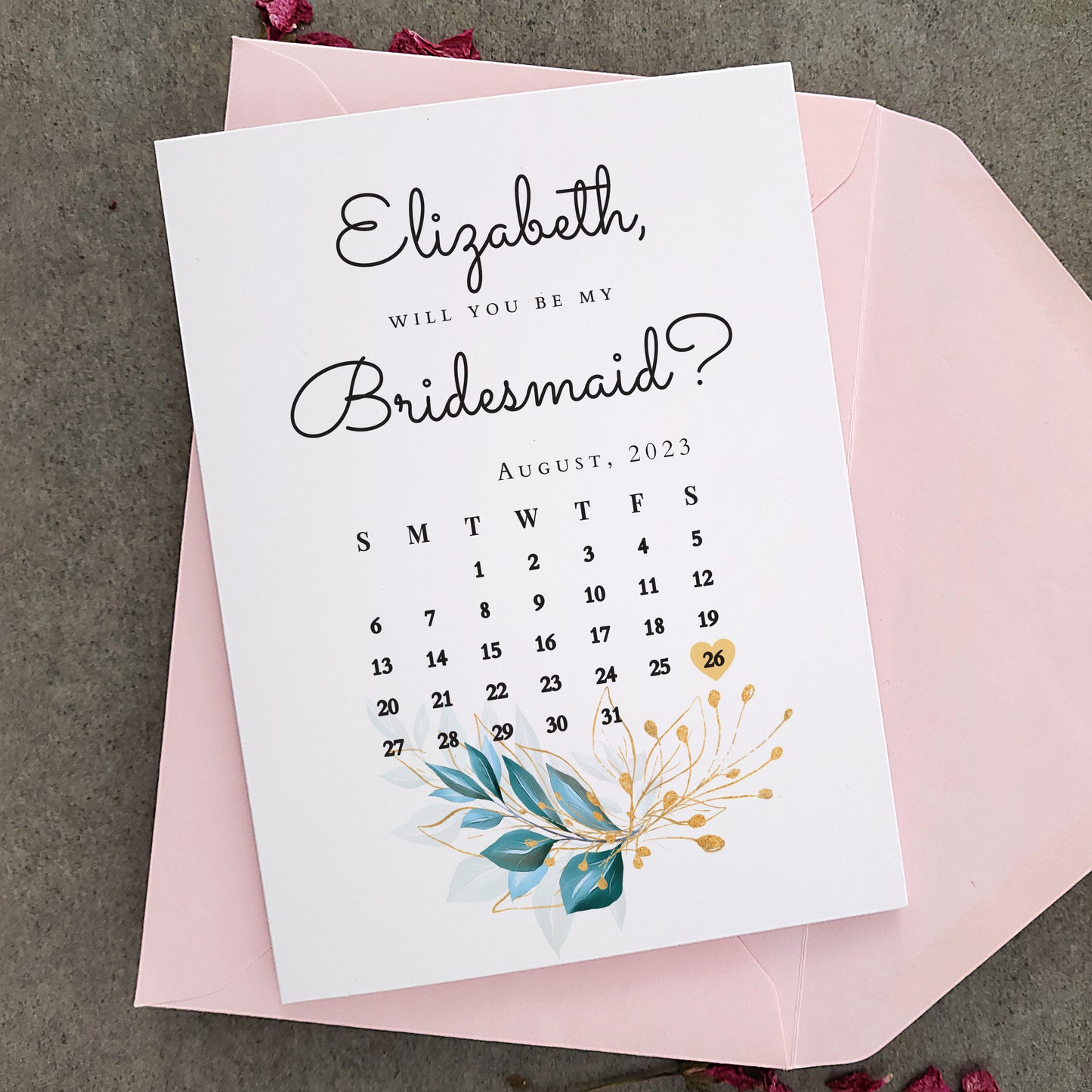 personalized gold and blue bridesmaid proposal card - XOXOKristen