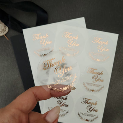 thank you for supporting my small business clear stickers with rose gold foiled lettering - XOXOKristen
