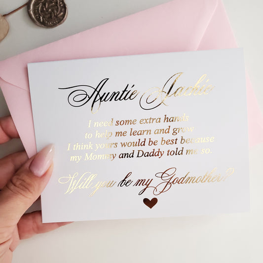 custom gold foiled godmother proposal card - XOXOKristen