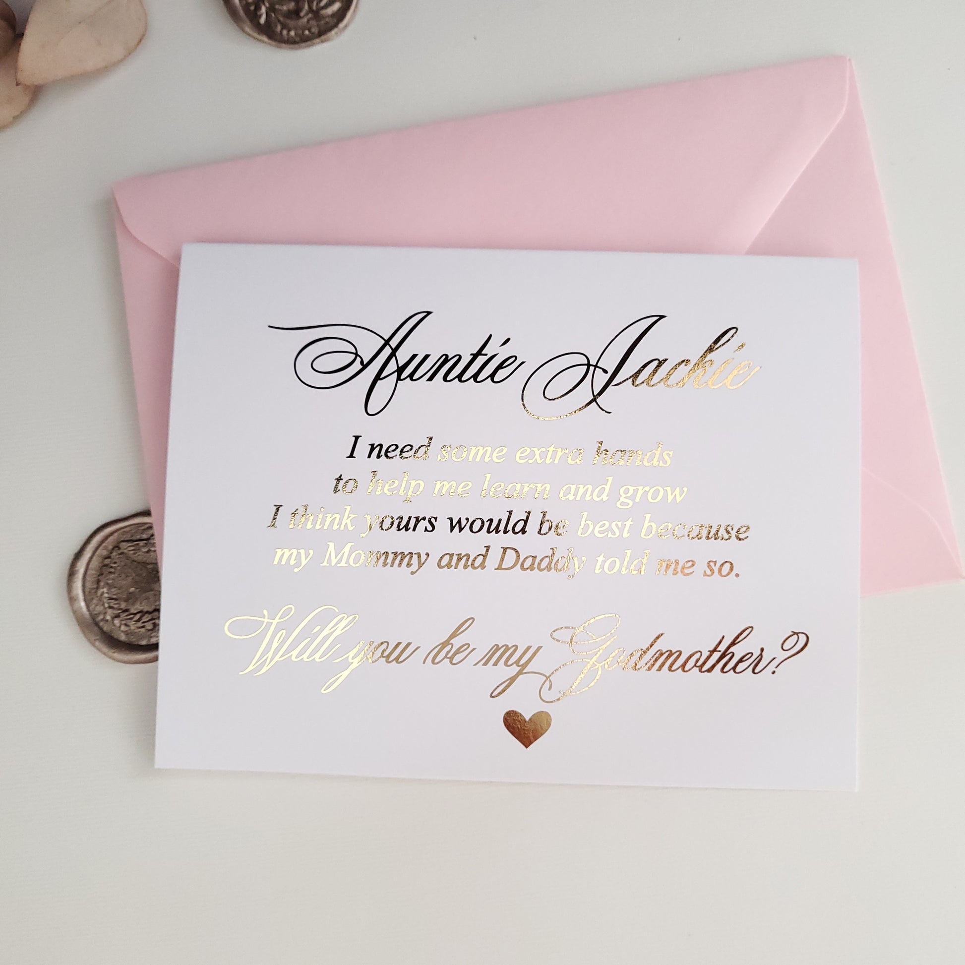 custom gold foiled godmother proposal card - XOXOKristen