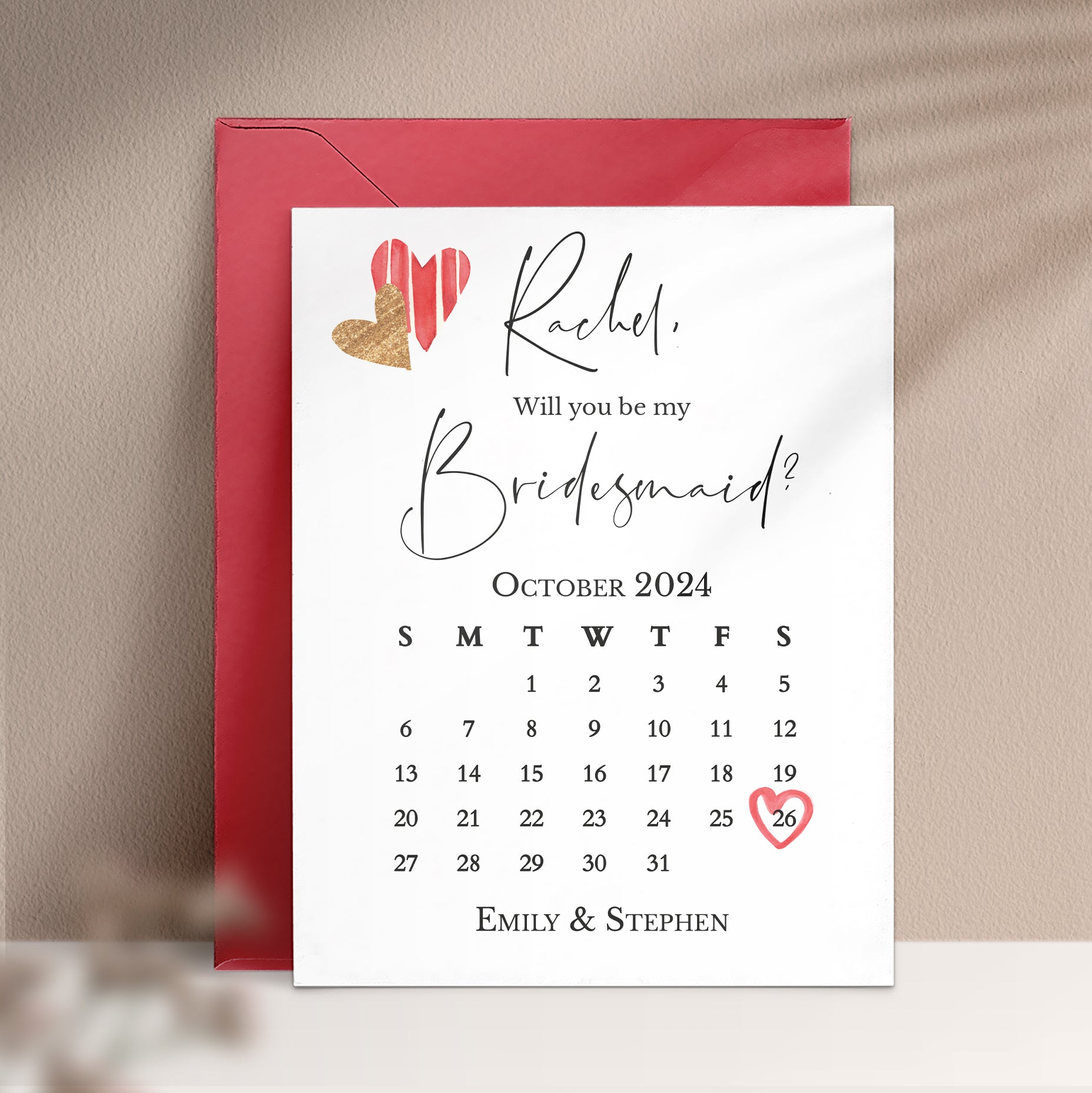 custom red and gold bridesmaid proposal card with calendar design - XOXOKristen