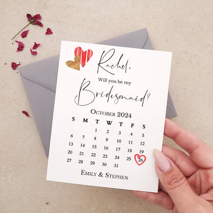 custom red and gold bridesmaid proposal card with calendar design - XOXOKristen