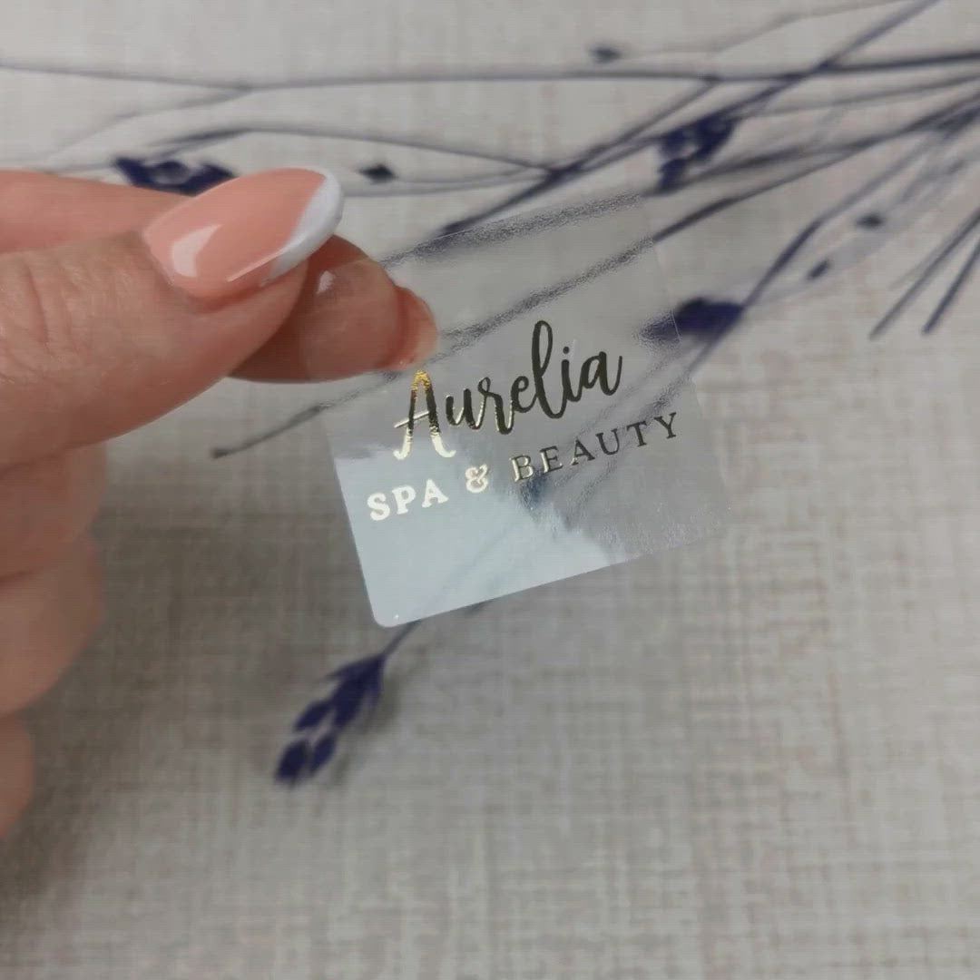 Personalized square clear label with custom text in gold foil printing - XOXOKristen