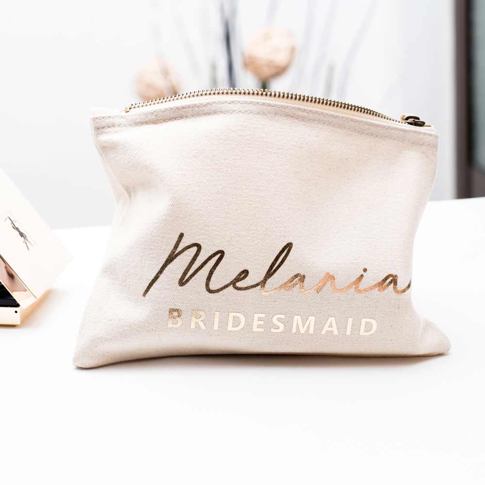 Personalized bridesmaid gift makeup bag. Customizable pouch for maid of honor, bridesmaid or other custom wedding roles. - XOXOKristen