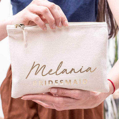 Personalized bridesmaid gift makeup bag. Customizable pouch for maid of honor, bridesmaid or other custom wedding roles. - XOXOKristen