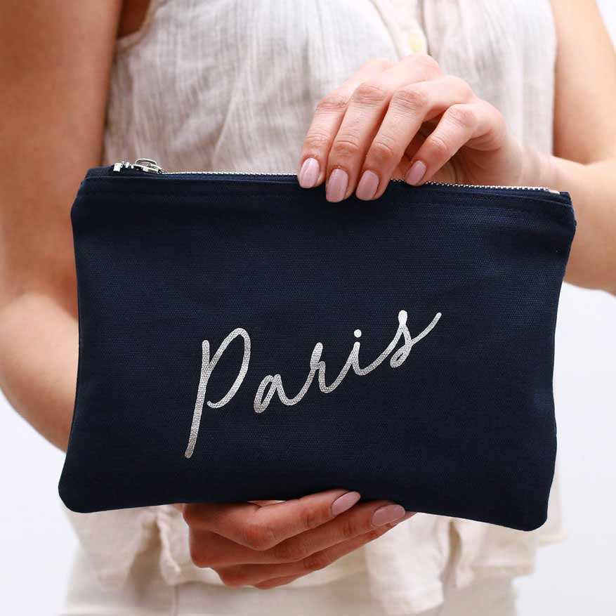 Personalized makeup bags with name, wedding role and date. Customize it for bridesmaid, maid of honor or use them for bridal shower gifts – XOXOKristen.