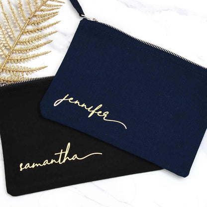 Bridesmaid gift cosmetic pouch. Personalized with gold foiled lettering - XOXOKristen
