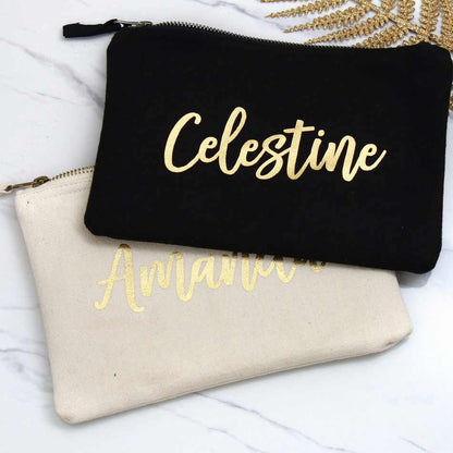 Personalized bridesmaid gift cosmetic pouch with handwritten golf foiled wedding role. Customize for maid of honor, bridesmaid or other custom role -  XOXOKristen