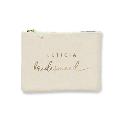 Personalized bridesmaid gift cosmetic pouch with handwritten golf foiled wedding role. Customize for maid of honor, bridesmaid or other custom role - XOXOKristen