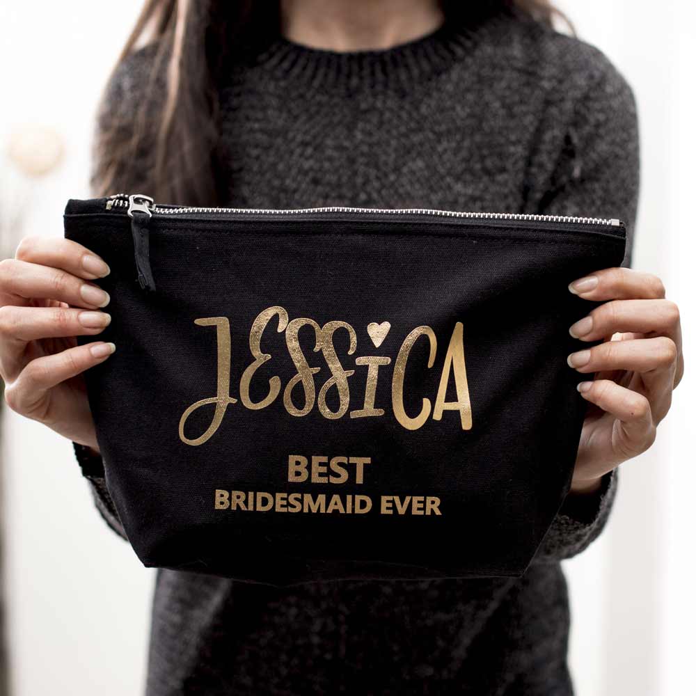 Personalized bridesmaid gift cosmetic pouch. Customizable makeup bag for maid of honor, bridesmaid or other wedding role -  XOXOKristen