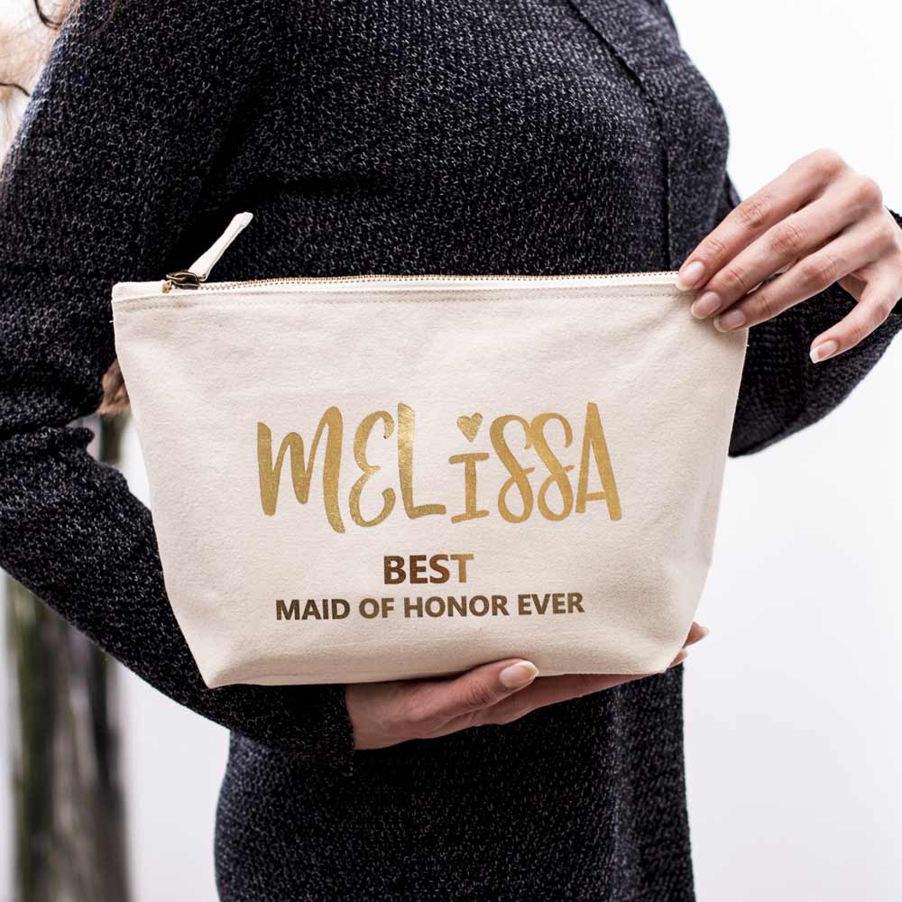 Personalized bridesmaid gift cosmetic pouch. Customizable makeup bag for maid of honor, bridesmaid or other wedding role -  XOXOKristen