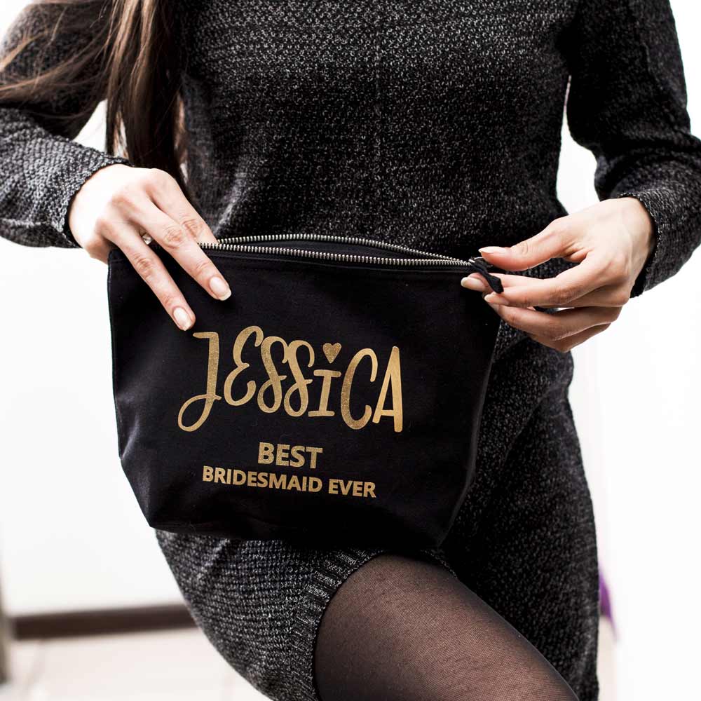 Personalized bridesmaid gift cosmetic pouch. Customizable makeup bag for maid of honor, bridesmaid or other wedding role -  XOXOKristen