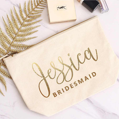 Personalized bridesmaid gift cosmetic pouch with gold foiled handwritten name. Customizable for maid of honor, bridesmaid or other wedding role -  XOXOKristen