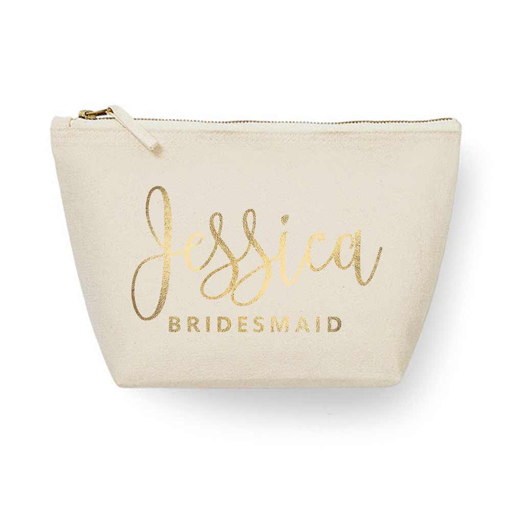 Personalized bridesmaid gift cosmetic pouch with gold foiled handwritten name. Customizable for maid of honor, bridesmaid or other wedding role - XOXOKristen