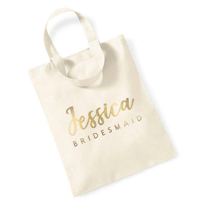 Personalized bridesmaid tote bag with gold foiled handwritten name. Customizable for as maid of honor, flower girl, matron of honor or other custom wedding roles – XOXOKristen