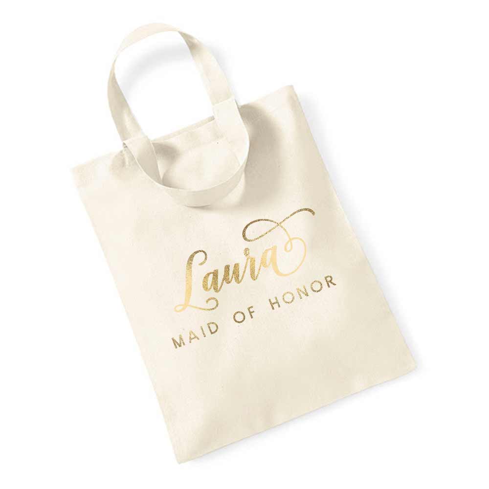 Personalized bridesmaid tote bag with gold foiled lettering. Customize for maid of honor, flower girl, matron of honor or other custom  wedding roles – XOXOKristen