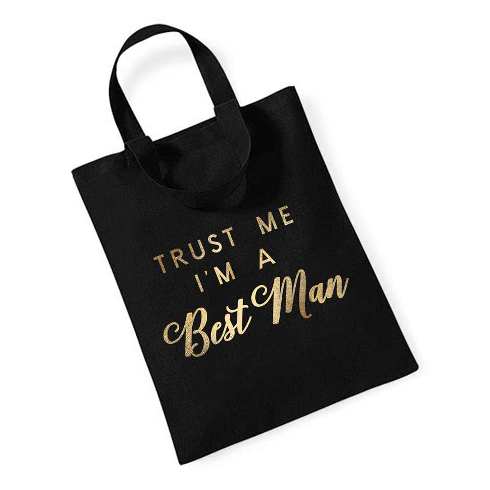 Personalized groomsman tote bag with gold foiled handwritten wedding role. Customizable for groomsman, best man or usher - XOXOKristen