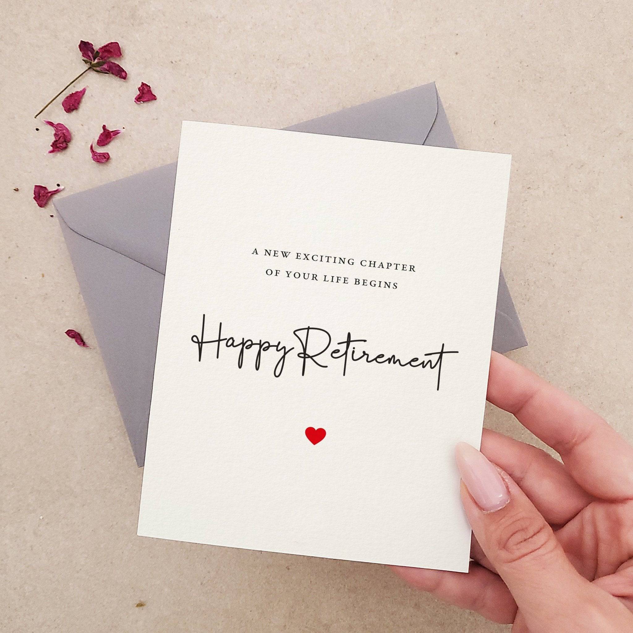 Minimalist Happy Retirement card with envelope styled flat lay – XOXOKristen