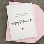 Retirement card with text A New Exciting Chapter of Your Life Begins – Happy Retirement and red heart, paired with pink envelope – XOXOKristen
