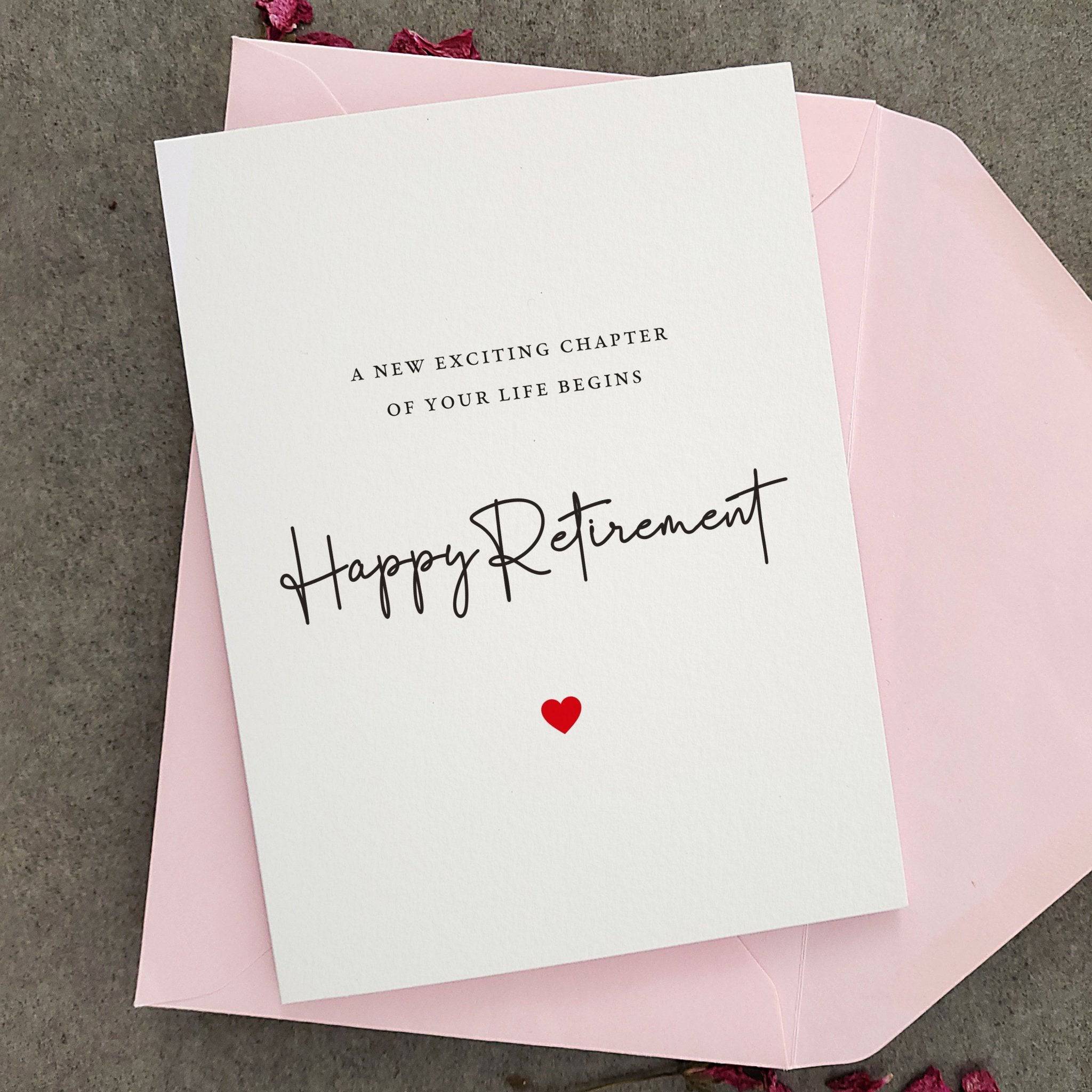 Retirement card with text A New Exciting Chapter of Your Life Begins – Happy Retirement and red heart, paired with pink envelope – XOXOKristen