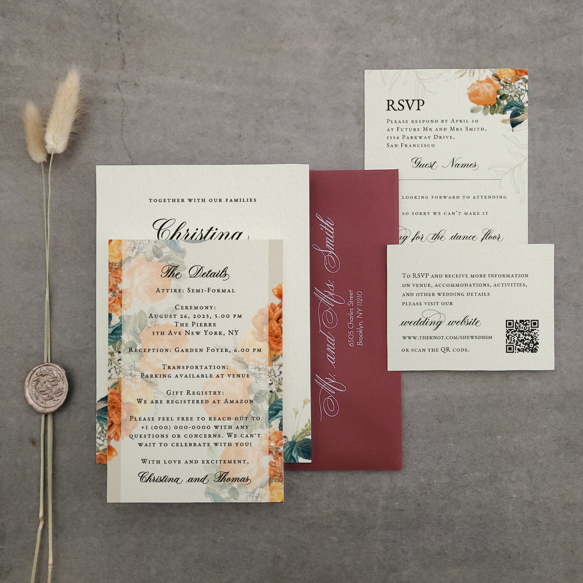 wedding invitation suite with vintage boho floral design - XOXOKristen