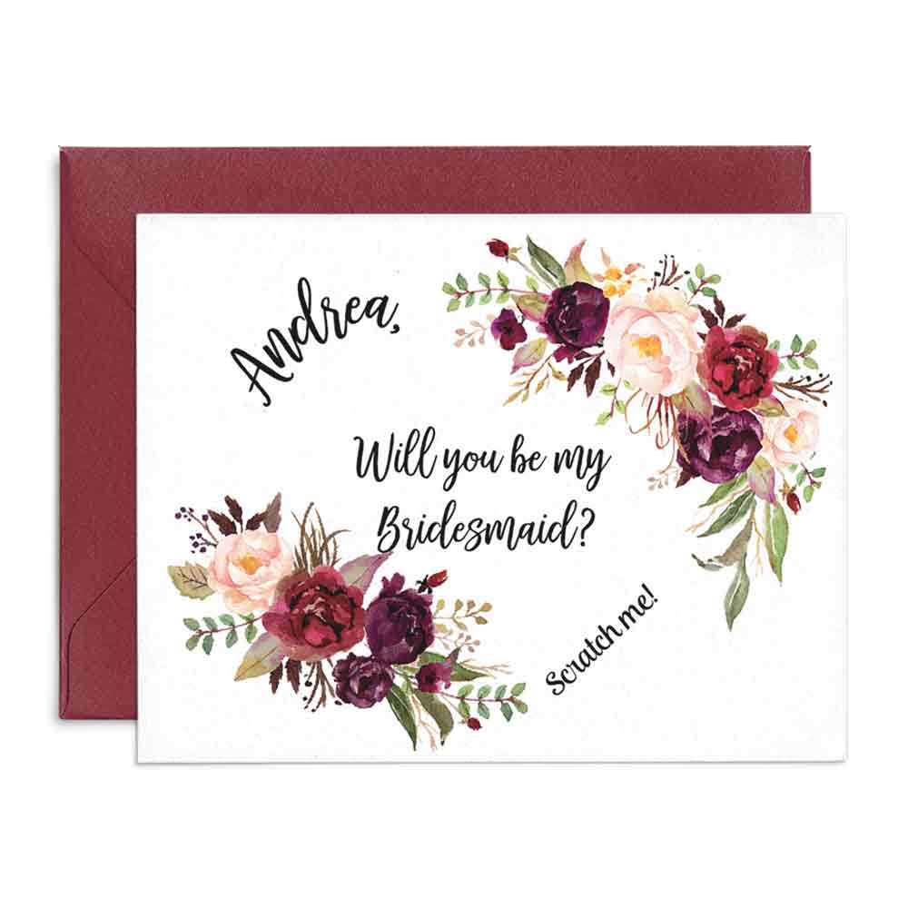 Personalized Burgundy Flower Bouquet Will you be my Bridesmaid Proposal Scratch off Card - XOXOKristen