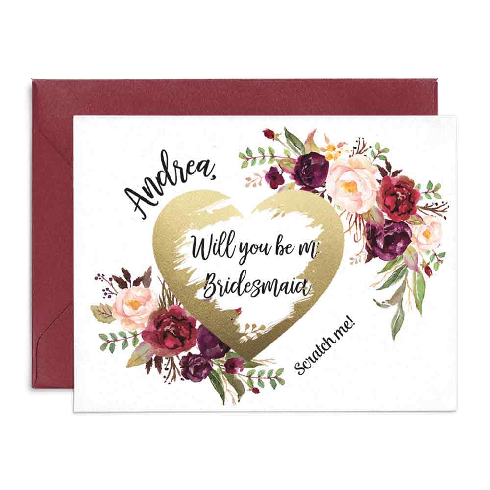 Personalized Burgundy Flower Bouquet Will you be my Bridesmaid Proposal Scratch off Card - XOXOKristen