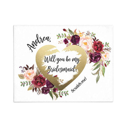 Personalized Burgundy Flower Bouquet Will you be my Bridesmaid Proposal Scratch off Card - XOXOKristen