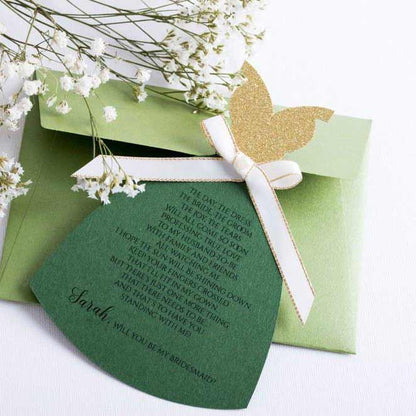 Green personalized will you be my bridesmaid proposal card. Gown shaped design with gold glittered top part and delicate ribbon - XOXOKristen