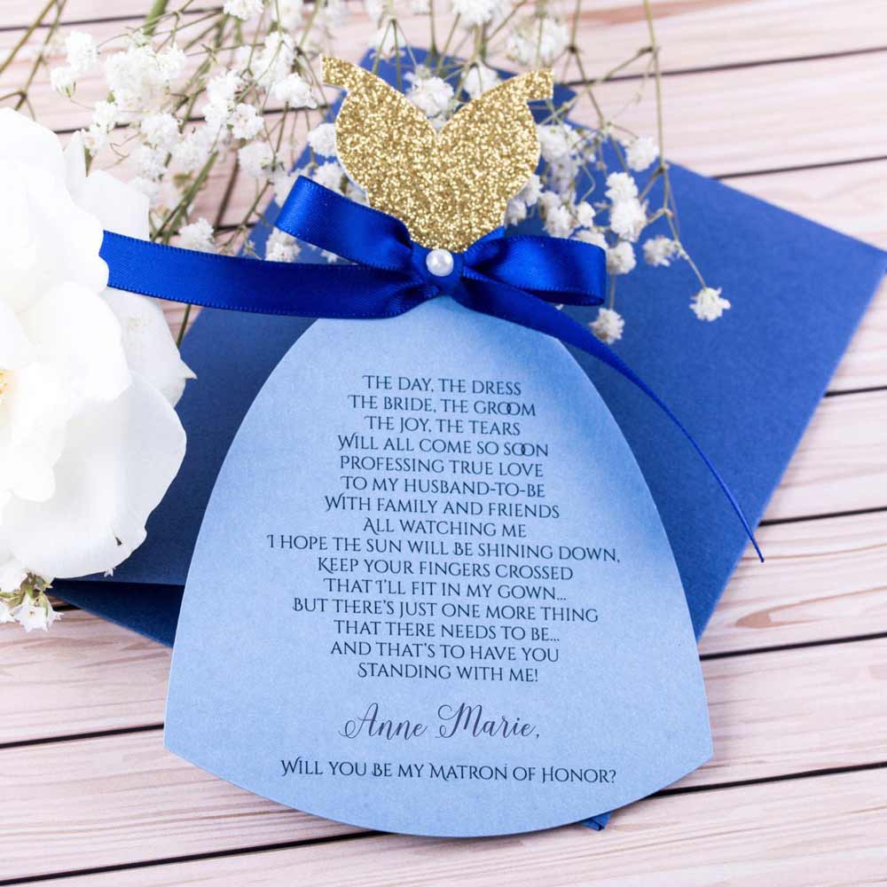 Blue personalized will you be my bridesmaid proposal card. Gown shaped design with gold glittered top part and delicate ribbon - XOXOKristen