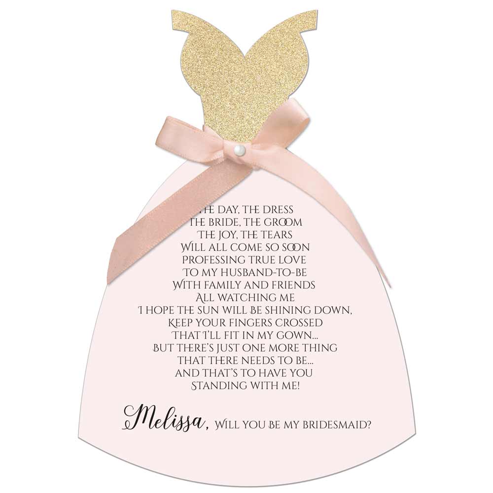 Pink personalized will you be my bridesmaid proposal card. Gown shaped design with gold glittered top part and delicate ribbon - XOXOKristen