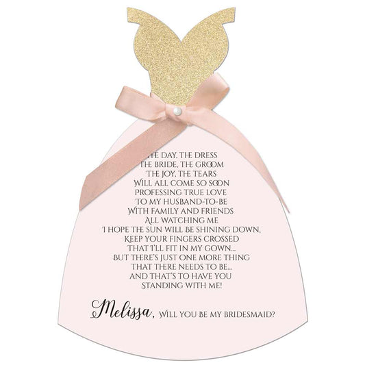Pink personalized will you be my bridesmaid proposal card. Gown shaped design with gold glittered top part and delicate ribbon - XOXOKristen