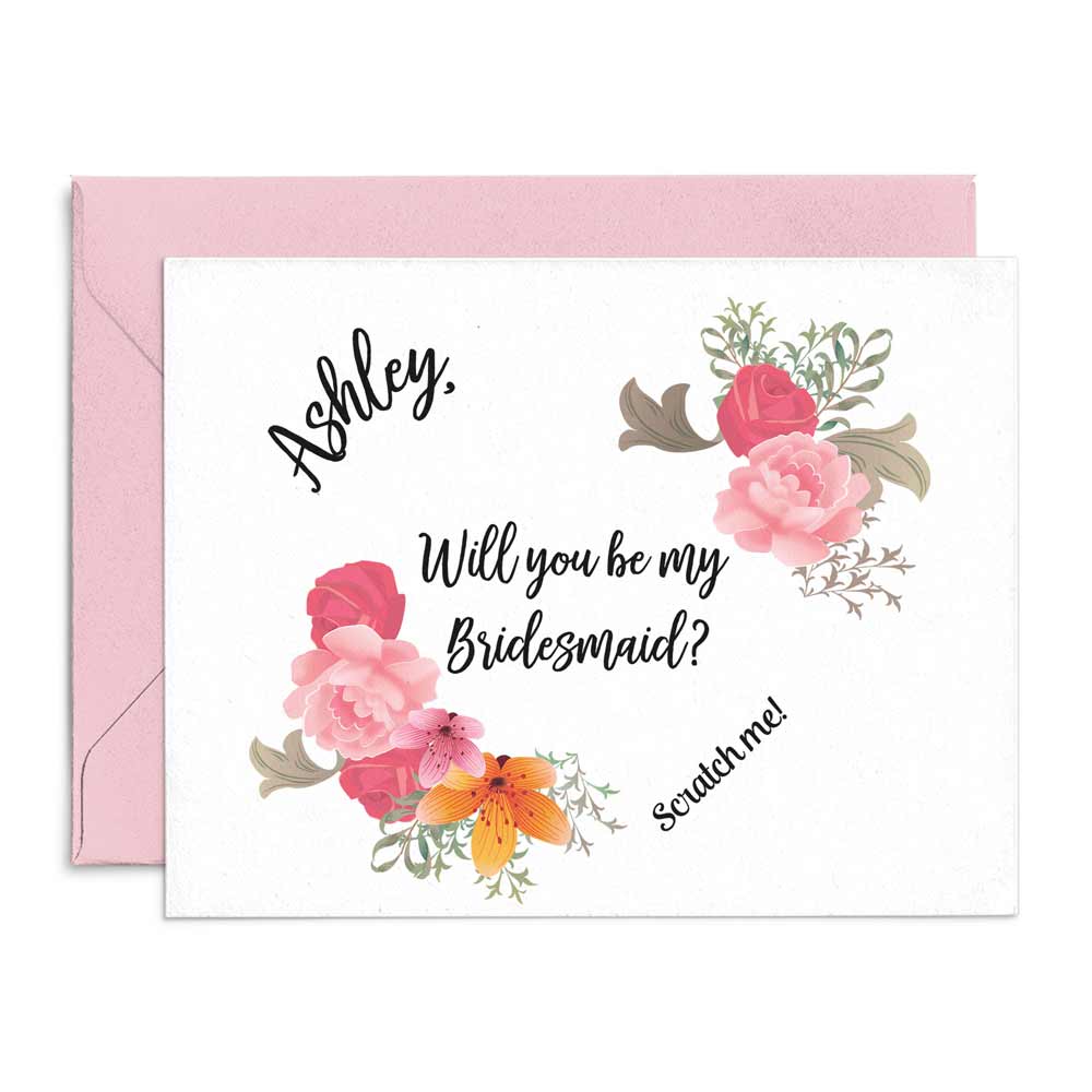 Pink Floral Will You Be My Bridesmaid Personalized Proposal Scratch Off Card - XOXOKristen