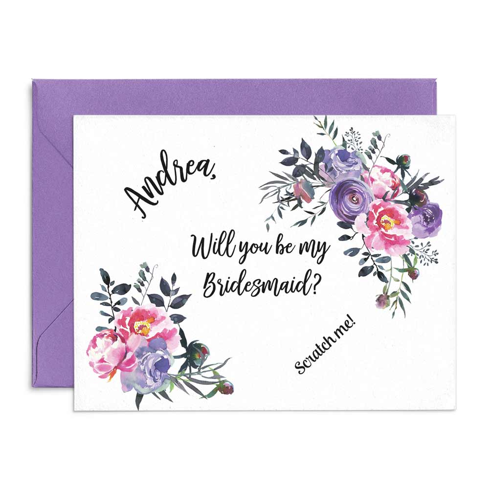 Purple Boho Bouquet Chic Scratch off Funny and Elegant Bridesmaid Proposal - XOXOKristen