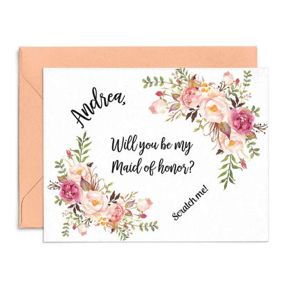 Personalized Peach Bouquet Will you be my Maid of Honor Proposal Scratch off Card - XOXOKristen