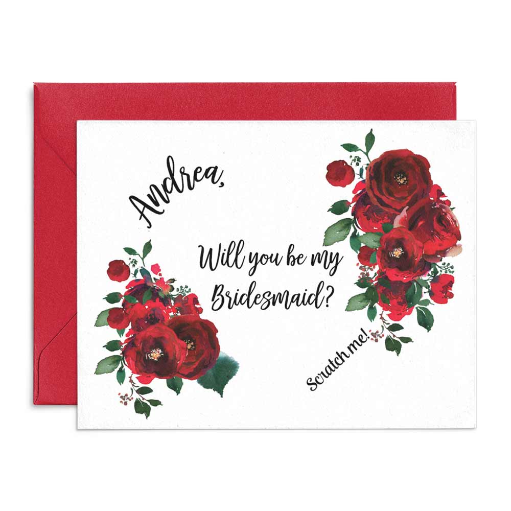 Red Bouquet Roses Custom Scratch Off Bridesmaid Proposal Card - XOXOKristen