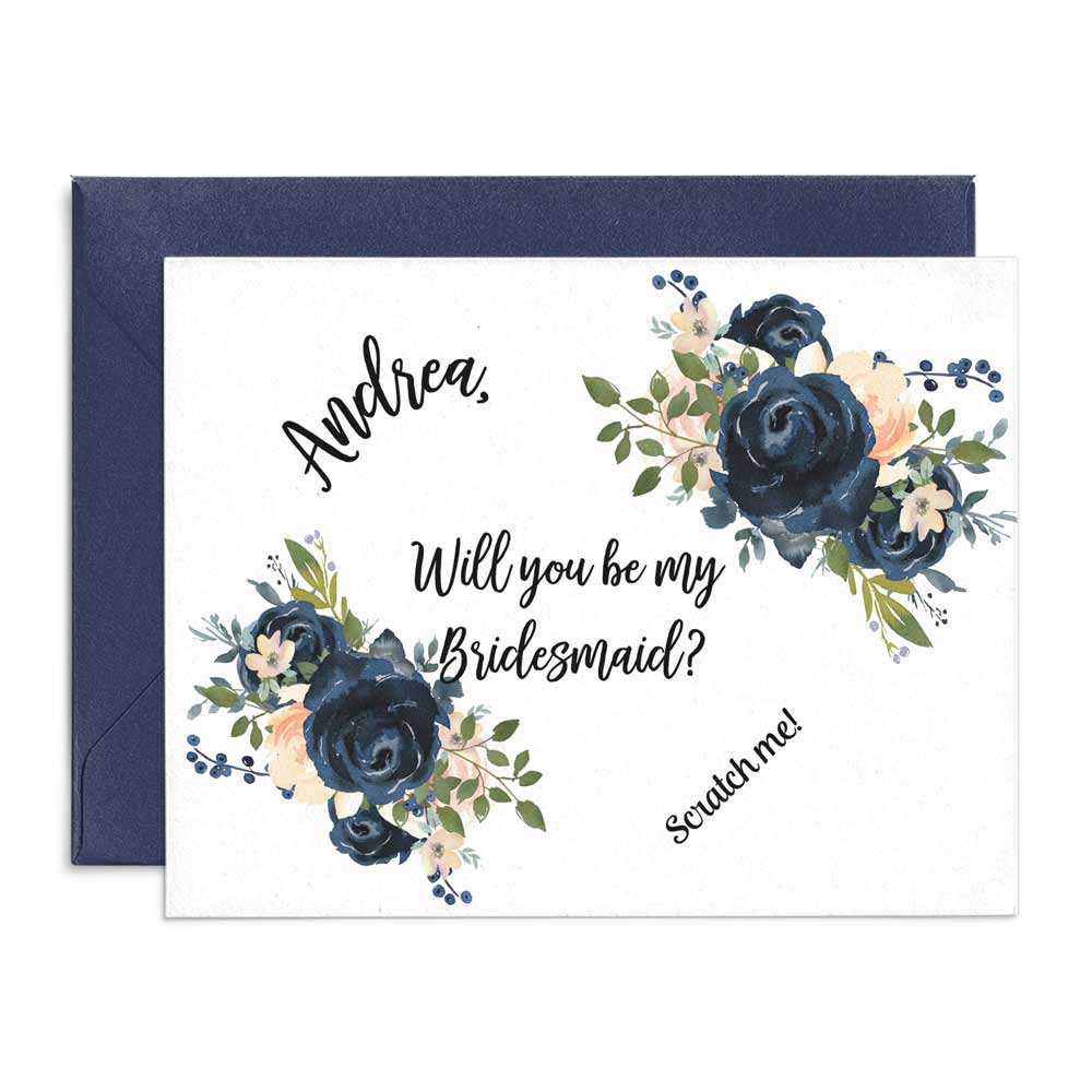 Personalized Navy Blue Navy Blue Bouquet Bridesmaid Proposal Card with Scratch off - XOXOKristen