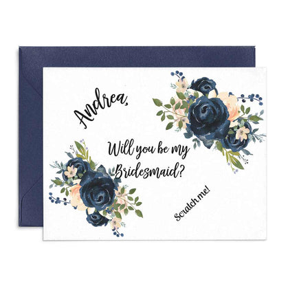 Personalized Navy Blue Navy Blue Bouquet Bridesmaid Proposal Card with Scratch off - XOXOKristen