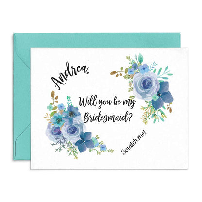 Personalized Blue Floral Will you be my Bridesmaid Proposal Scratch Off Card - XOXOKristen