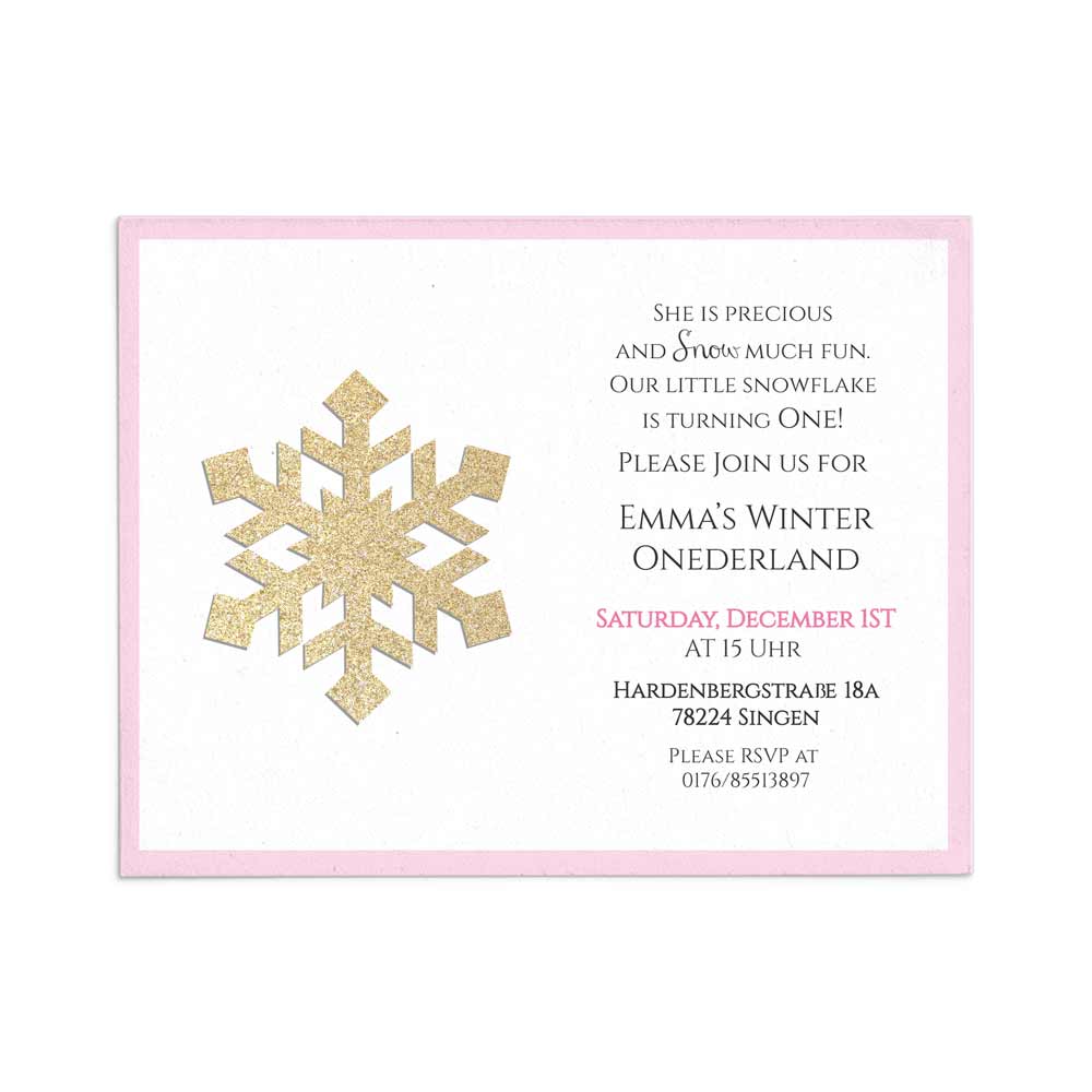 Winter Onederland gold glittered snowflake pink birthday invitation - XOXOKristen