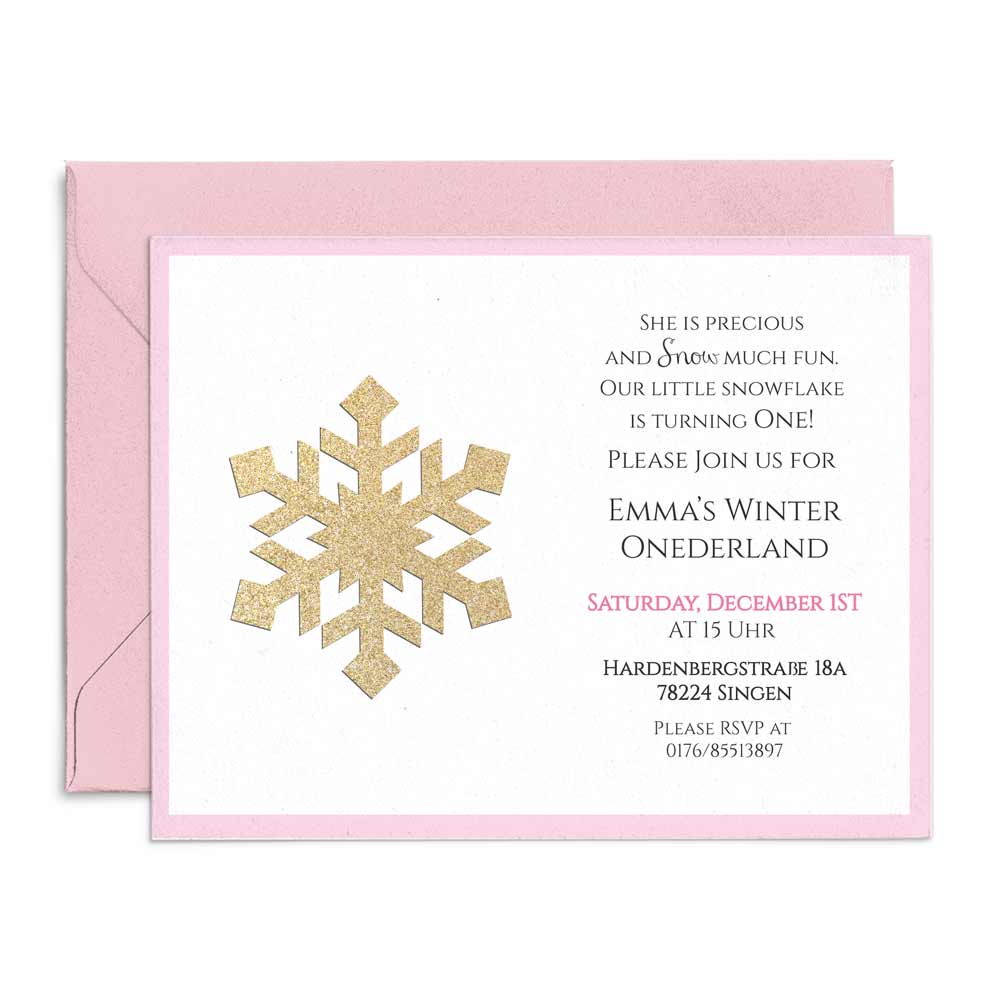 Winter Onederland gold glittered snowflake pink birthday invitation - XOXOKristen