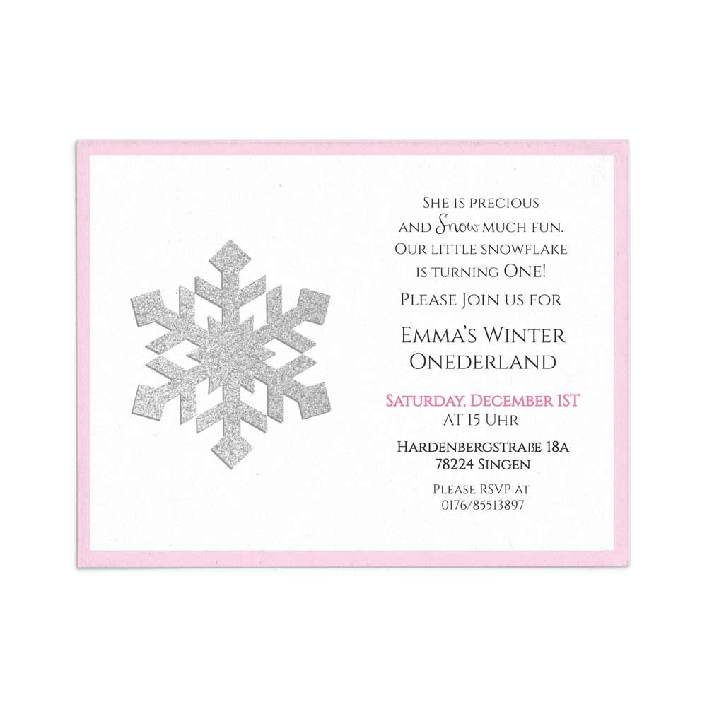 Winter Onederland silver glittered snowflake pink birthday invitation - XOXOKristen