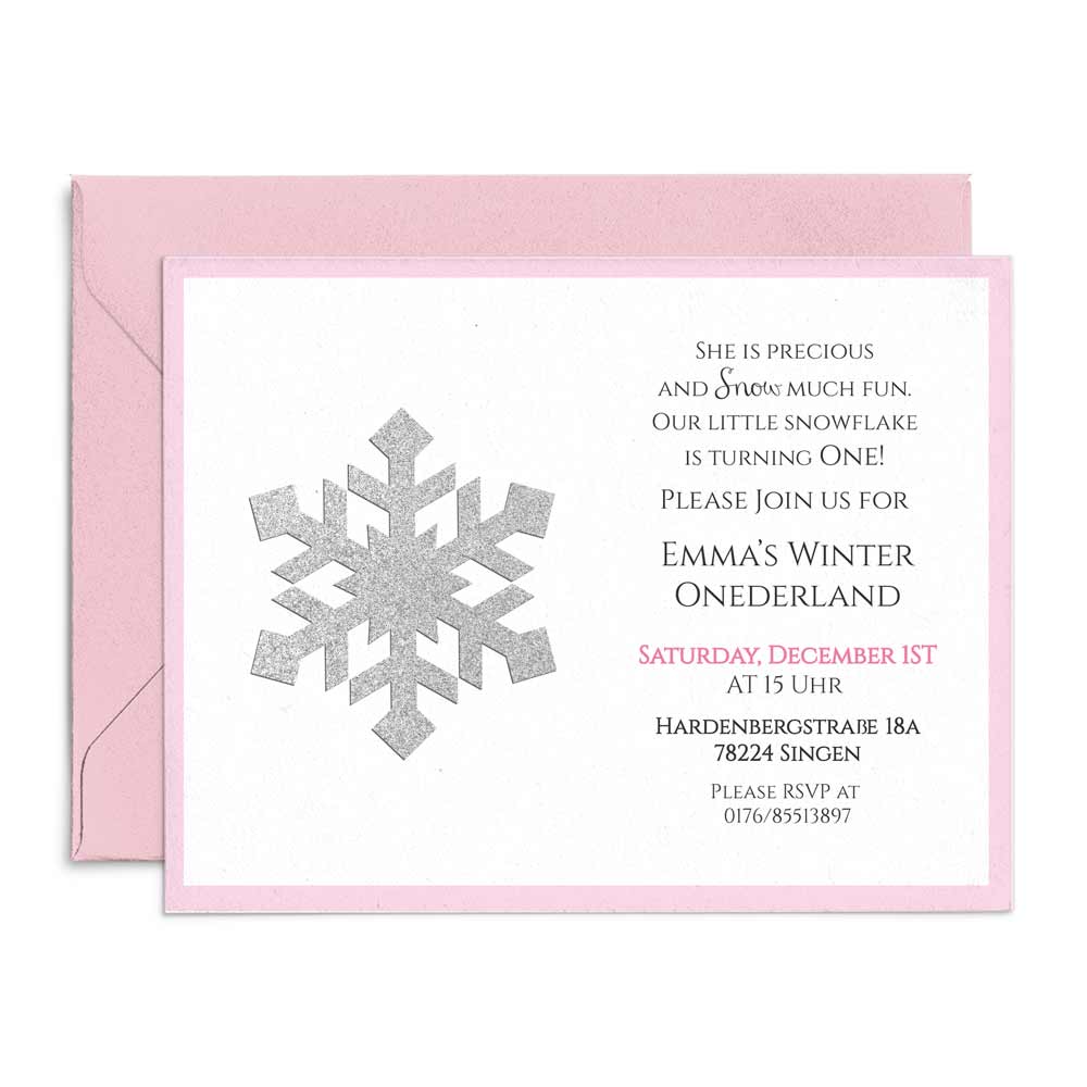 Winter Onederland silver glittered snowflake pink birthday invitation - XOXOKristen