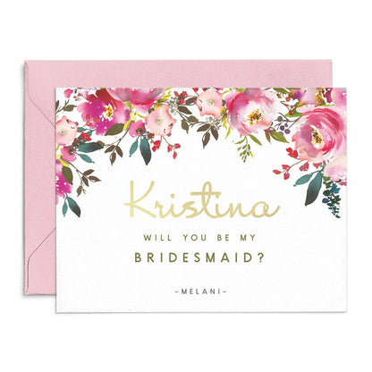 Personalized will you be my bridesmaid pink peonies proposal card - XOXOKristen
