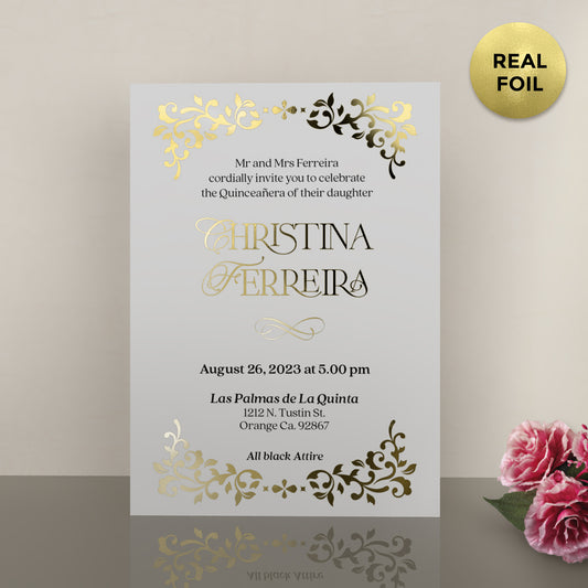 white and gold quinceanera invitation - XOXOKristen