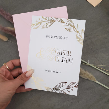 wedding save the dates in white and gold - XOXOKristen