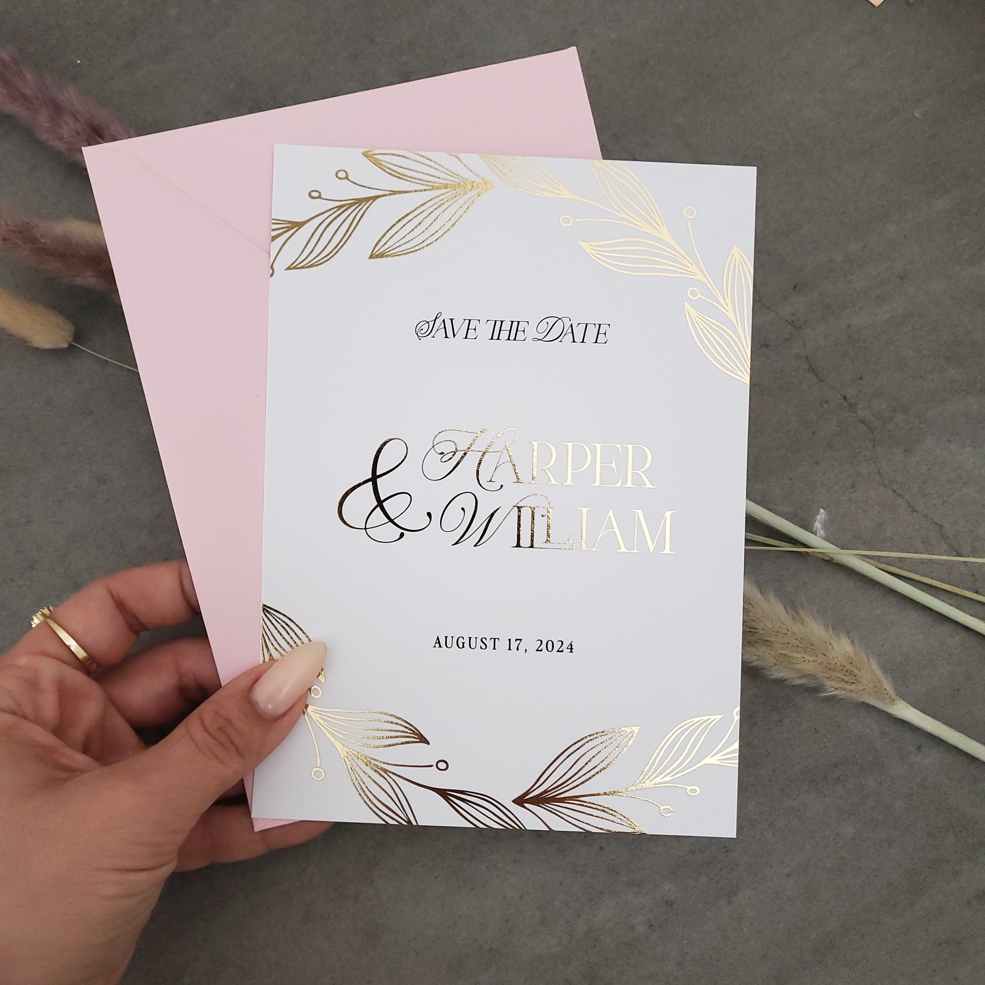 wedding save the dates in white and gold - XOXOKristen